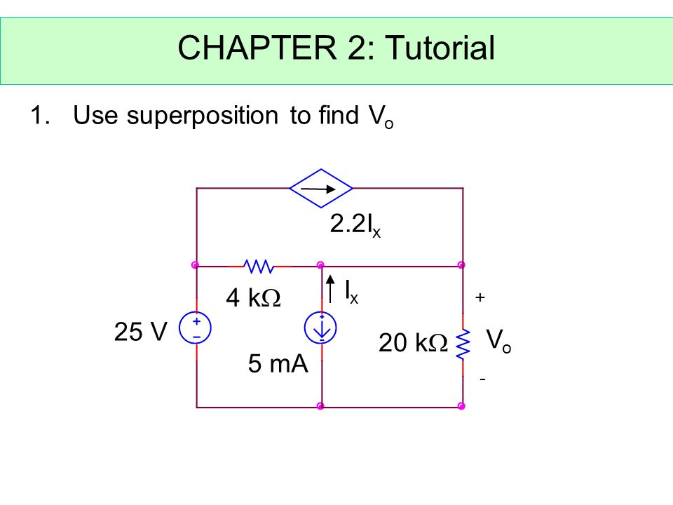 CHAPTER 2: Tutorial 1. Use superposition to find V o 25 V 5 mA 2.2I x 4 k  20 k  + - VoVo IxIx