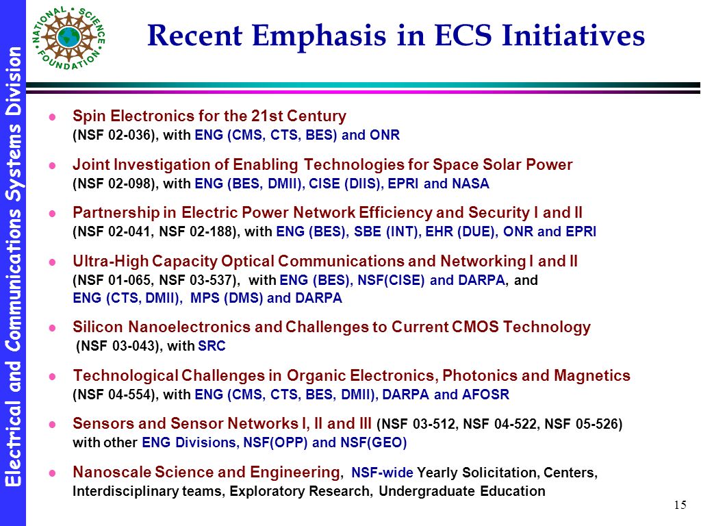 Electrical and Communications Systems Division 15 Recent Emphasis in ECS Initiatives l Spin Electronics for the 21st Century (NSF ), with ENG (CMS, CTS, BES) and ONR l Joint Investigation of Enabling Technologies for Space Solar Power (NSF ), with ENG (BES, DMII), CISE (DIIS), EPRI and NASA l Partnership in Electric Power Network Efficiency and Security I and II (NSF , NSF ), with ENG (BES), SBE (INT), EHR (DUE), ONR and EPRI l Ultra-High Capacity Optical Communications and Networking I and II (NSF , NSF ), with ENG (BES), NSF(CISE) and DARPA, and ENG (CTS, DMII), MPS (DMS) and DARPA l Silicon Nanoelectronics and Challenges to Current CMOS Technology (NSF ), with SRC l Technological Challenges in Organic Electronics, Photonics and Magnetics (NSF ), with ENG (CMS, CTS, BES, DMII), DARPA and AFOSR l Sensors and Sensor Networks I, II and III (NSF , NSF , NSF ) with other ENG Divisions, NSF(OPP) and NSF(GEO) l Nanoscale Science and Engineering, NSF-wide Yearly Solicitation, Centers, Interdisciplinary teams, Exploratory Research, Undergraduate Education