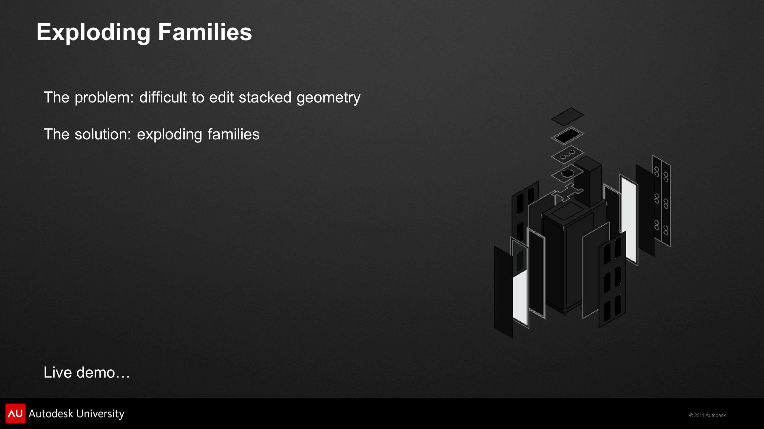 © 2011 Autodesk Exploding Families Live demo… The problem: difficult to edit stacked geometry The solution: exploding families