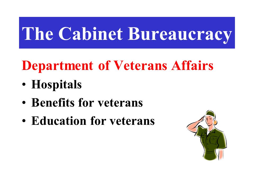 Department of Veterans Affairs Hospitals Benefits for veterans Education for veterans The Cabinet Bureaucracy