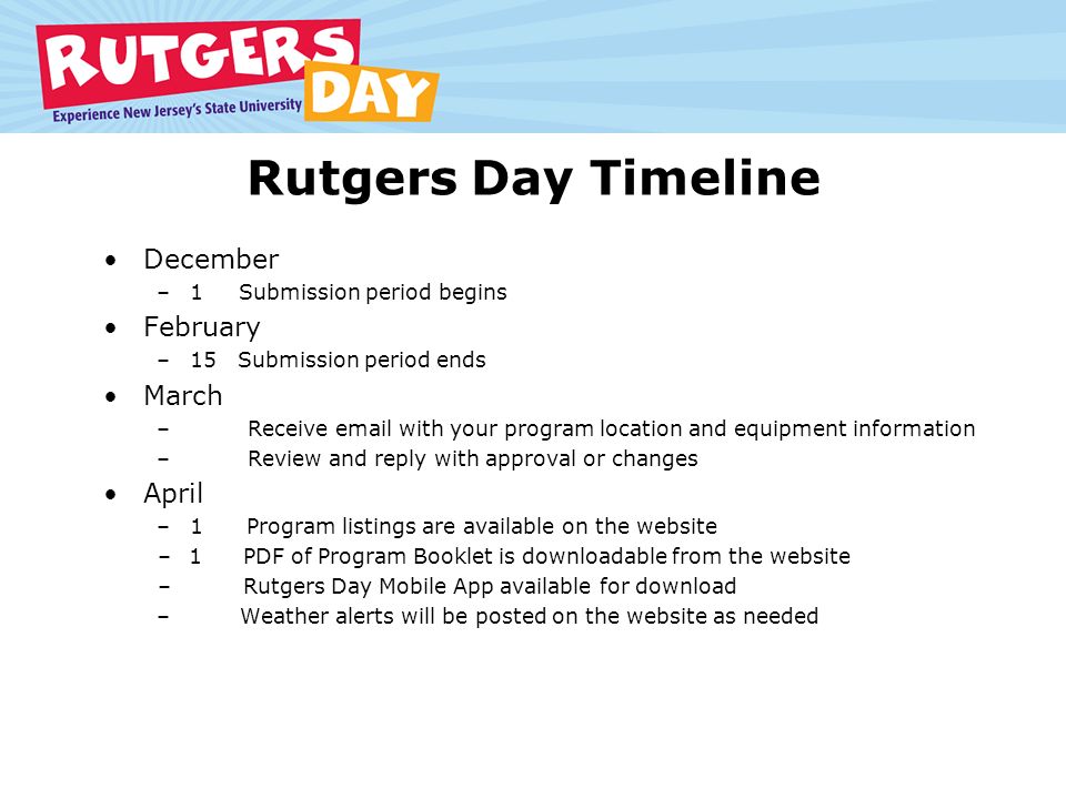 Rutgers Day Timeline December –1 Submission period begins February –15 Submission period ends March – Receive  with your program location and equipment information – Review and reply with approval or changes April –1 Program listings are available on the website –1PDF of Program Booklet is downloadable from the website –Rutgers Day Mobile App available for download – Weather alerts will be posted on the website as needed
