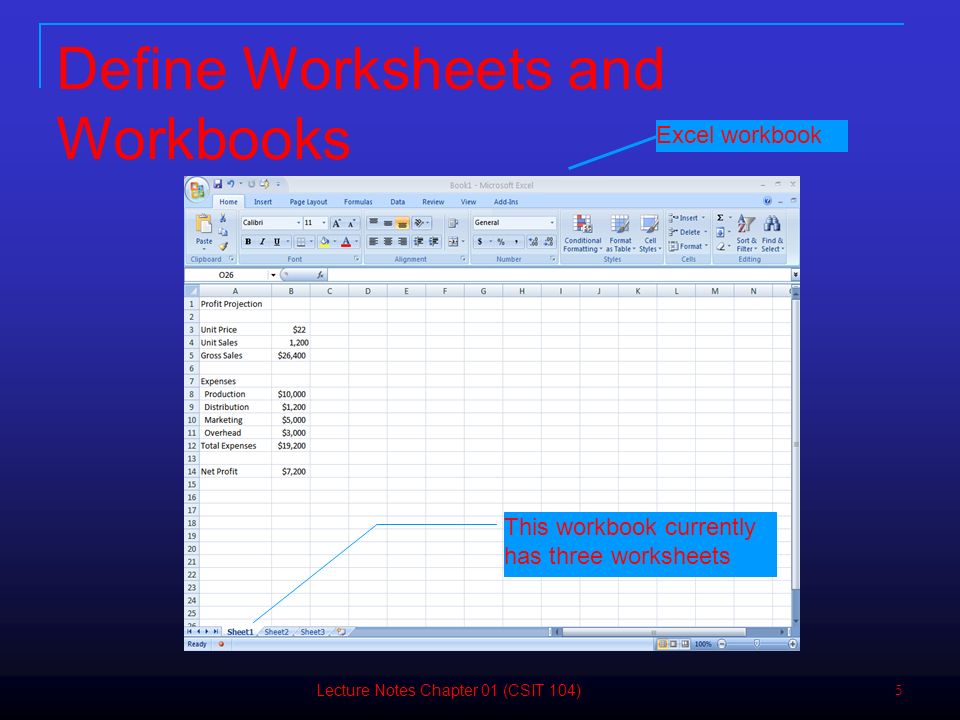 5 Excel workbook This workbook currently has three worksheets Define Worksheets and Workbooks Lecture Notes Chapter 01 (CSIT 104)