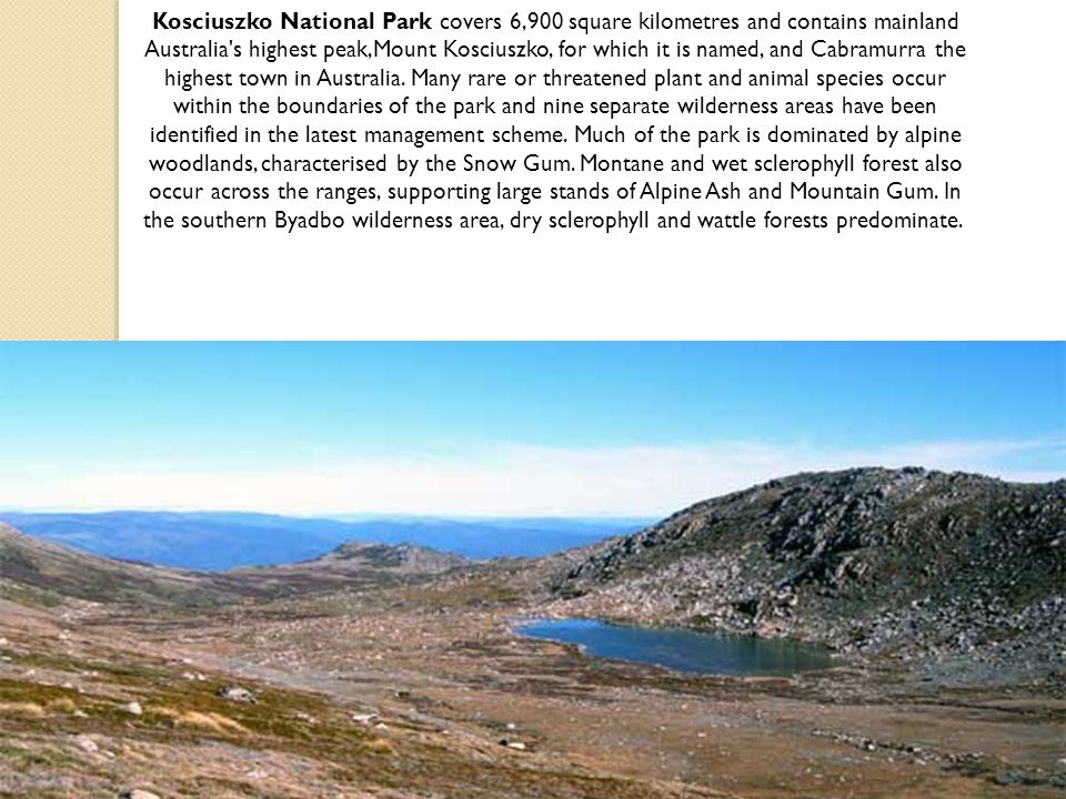 Kosciuszko National Park covers 6,900 square kilometres and contains mainland Australia s highest peak,Mount Kosciuszko, for which it is named, and Cabramurra the highest town in Australia.