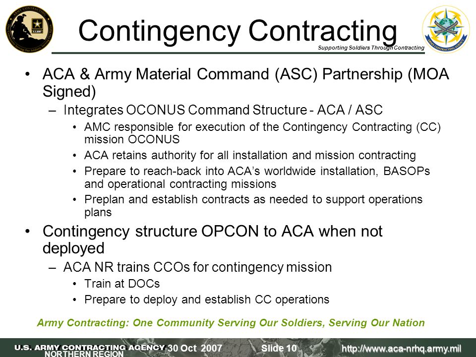 Supporting Soldiers Through Contracting NORTHERN REGION Army Contracting: One Community Serving Our Soldiers, Serving Our Nation 30 Oct 2007Slide 10 ACA & Army Material Command (ASC) Partnership (MOA Signed) –Integrates OCONUS Command Structure - ACA / ASC AMC responsible for execution of the Contingency Contracting (CC) mission OCONUS ACA retains authority for all installation and mission contracting Prepare to reach-back into ACA’s worldwide installation, BASOPs and operational contracting missions Preplan and establish contracts as needed to support operations plans Contingency structure OPCON to ACA when not deployed –ACA NR trains CCOs for contingency mission Train at DOCs Prepare to deploy and establish CC operations Contingency Contracting