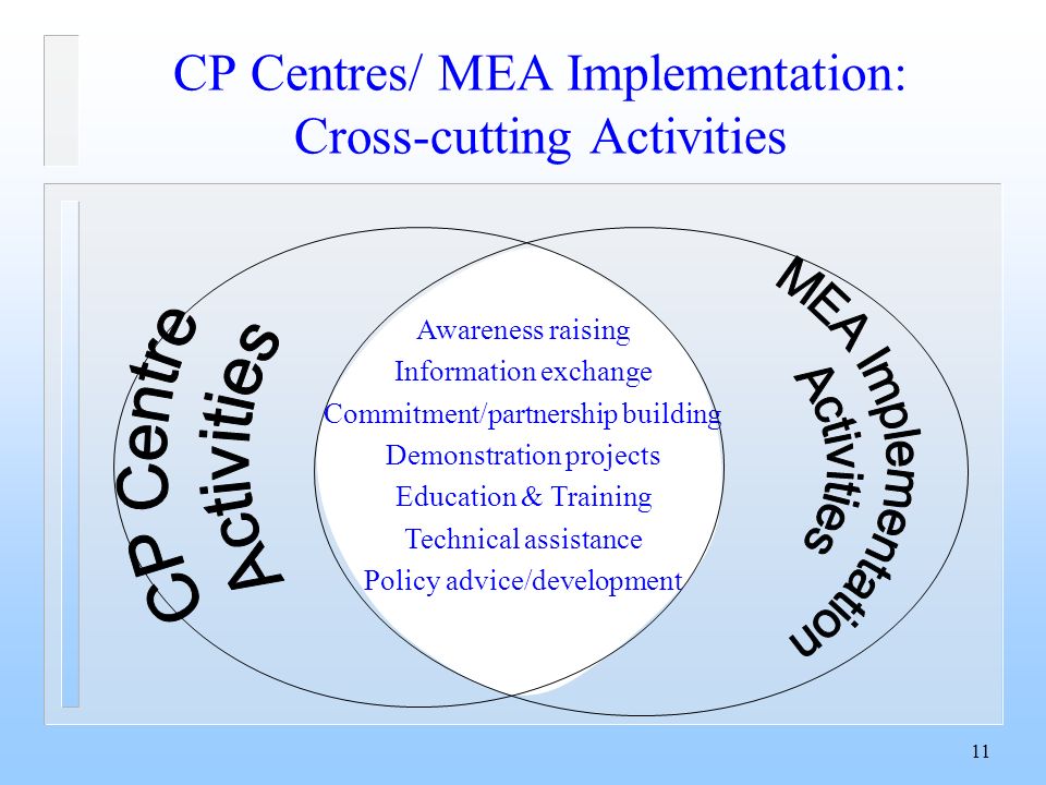 11 CP Centres/ MEA Implementation: Cross-cutting Activities Awareness raising Information exchange Commitment/partnership building Demonstration projects Education & Training Technical assistance Policy advice/development