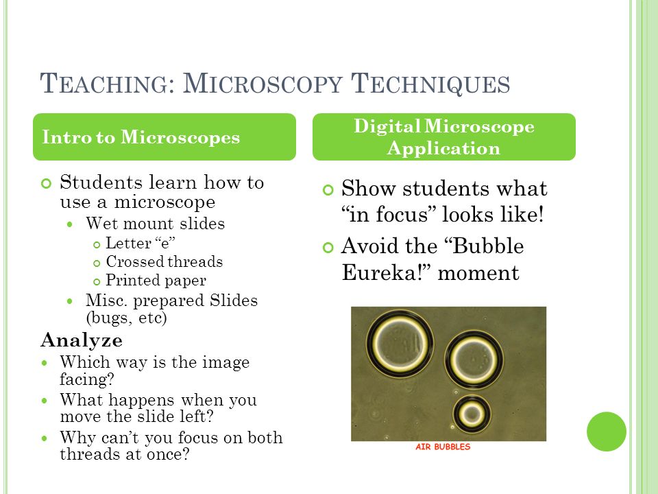 T EACHING : M ICROSCOPY T ECHNIQUES Students learn how to use a microscope Wet mount slides Letter e Crossed threads Printed paper Misc.
