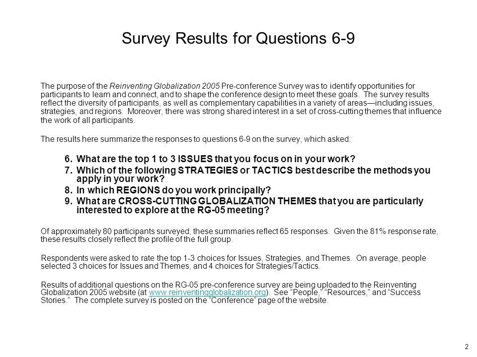 pre conference survey results questions on issues strategies