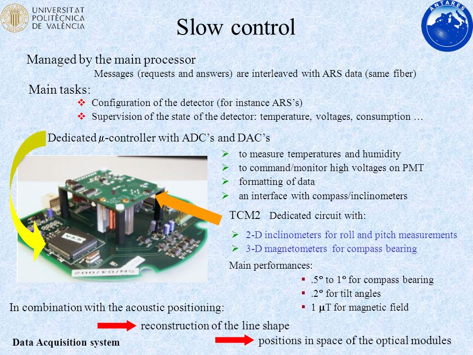 Slow control Dedicated  -controller with ADC’s and DAC’s In combination with the acoustic positioning: positions in space of the optical modules Managed by the main processor Messages (requests and answers) are interleaved with ARS data (same fiber)  to measure temperatures and humidity  to command/monitor high voltages on PMT  formatting of data  an interface with compass/inclinometers Dedicated circuit with: Main performances: .5  to 1  for compass bearing .2  for tilt angles  1  T for magnetic field TCM2  2-D inclinometers for roll and pitch measurements  3-D magnetometers for compass bearing reconstruction of the line shape Main tasks:  Configuration of the detector (for instance ARS’s)  Supervision of the state of the detector: temperature, voltages, consumption … Data Acquisition system