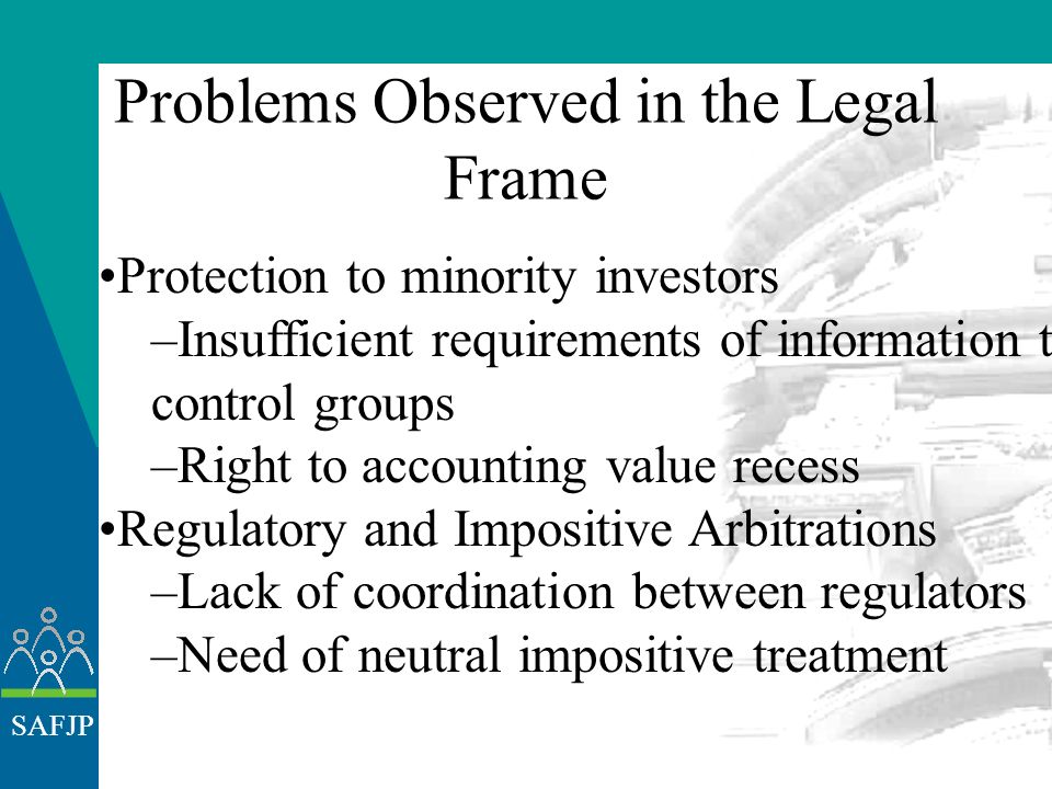 SAFJP Problem Observed in the Legal Frame Public Offer Law Absence of: –Transparency regulations –POL Regulation with legal range –Tipify fraudulent practices