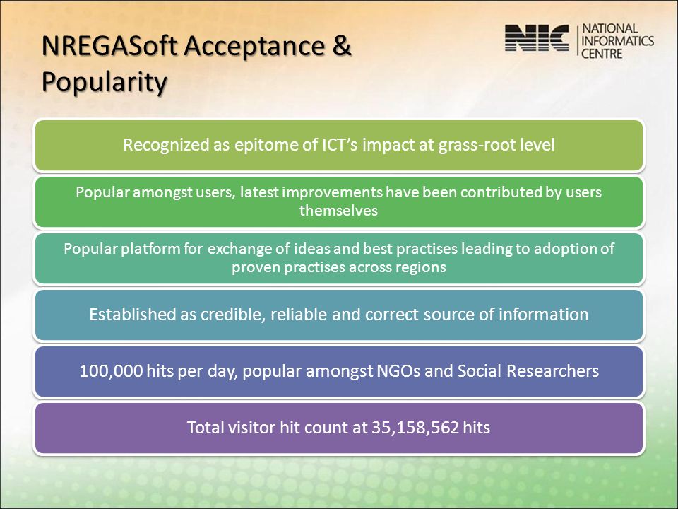 NREGASoft Acceptance & Popularity Recognized as epitome of ICT’s impact at grass-root level Popular amongst users, latest improvements have been contributed by users themselves Popular platform for exchange of ideas and best practises leading to adoption of proven practises across regions Established as credible, reliable and correct source of information100,000 hits per day, popular amongst NGOs and Social ResearchersTotal visitor hit count at 35,158,562 hits