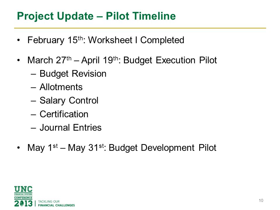 Project Update – Pilot Timeline February 15 th : Worksheet I Completed March 27 th – April 19 th : Budget Execution Pilot –Budget Revision –Allotments –Salary Control –Certification –Journal Entries May 1 st – May 31 st : Budget Development Pilot 10