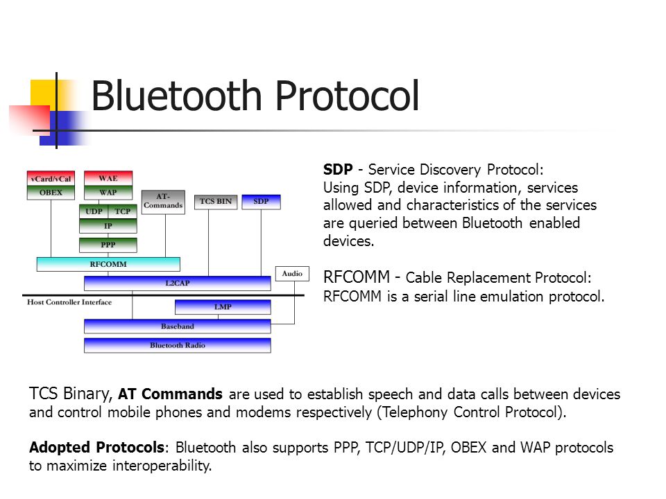 SDP - Service Discovery Protocol: Using SDP, device information, services allowed and characteristics of the services are queried between Bluetooth enabled devices.
