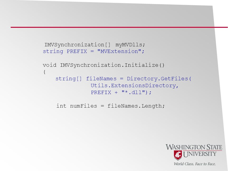 IMVSynchronization[] myMVDlls; string PREFIX = MVExtension ; void IMVSynchronization.Initialize() { string[] fileNames = Directory.GetFiles( Utils.ExtensionsDirectory, PREFIX + *.dll ); int numFiles = fileNames.Length;