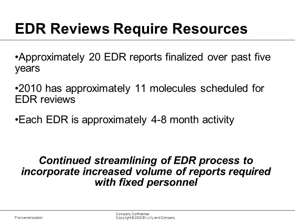 File name/location Company Confidential Copyright © 2000 Eli Lilly and Company EDR Reviews Require Resources Approximately 20 EDR reports finalized over past five years 2010 has approximately 11 molecules scheduled for EDR reviews Each EDR is approximately 4-8 month activity Continued streamlining of EDR process to incorporate increased volume of reports required with fixed personnel