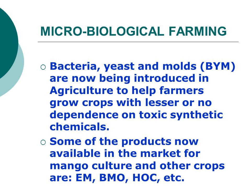 MICRO-BIOLOGICAL FARMING  Bacteria, yeast and molds (BYM) are now being introduced in Agriculture to help farmers grow crops with lesser or no dependence on toxic synthetic chemicals.