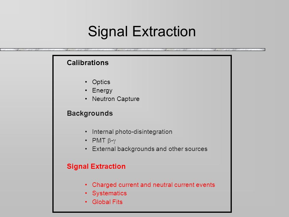 Signal Extraction Calibrations Optics Energy Neutron Capture Backgrounds Internal photo-disintegration PMT  -  External backgrounds and other sources Signal Extraction Charged current and neutral current events Systematics Global Fits