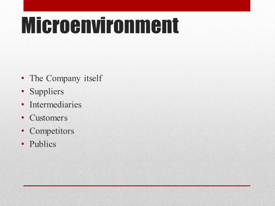 Microenvironment The Company itself Suppliers Intermediaries Customers Competitors Publics
