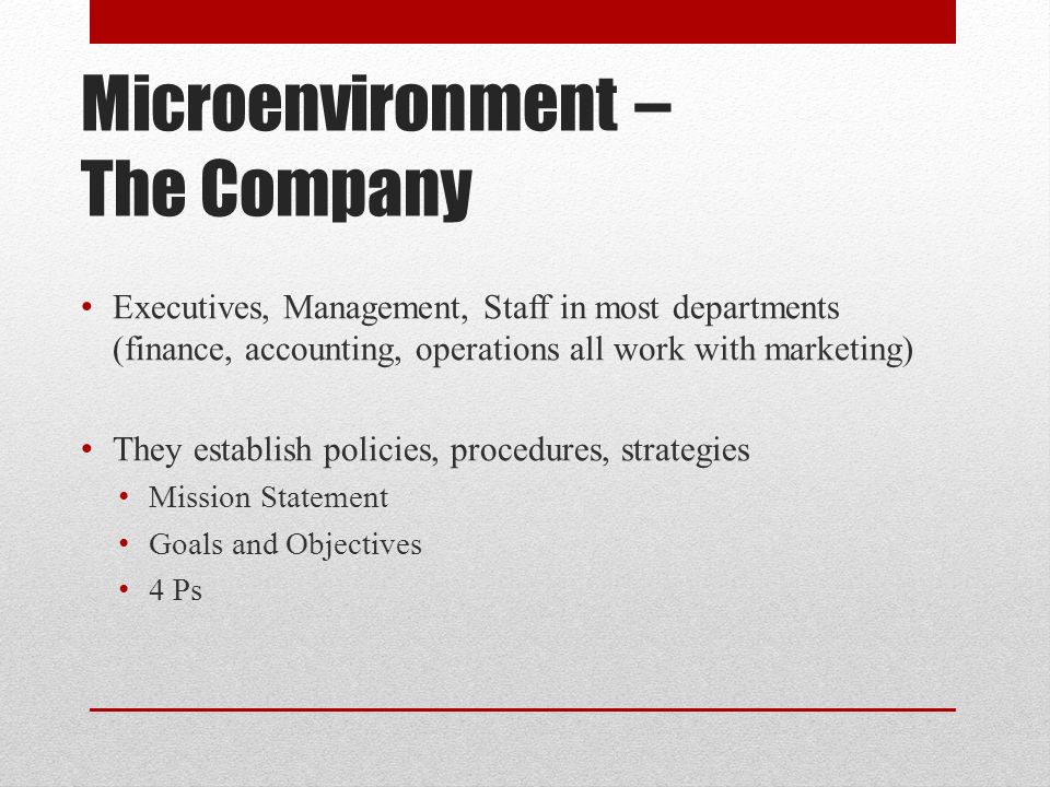 Microenvironment – The Company Executives, Management, Staff in most departments (finance, accounting, operations all work with marketing) They establish policies, procedures, strategies Mission Statement Goals and Objectives 4 Ps
