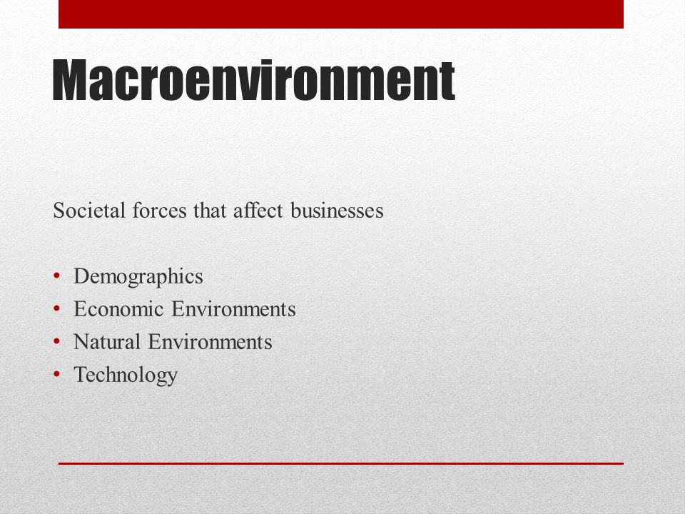 Macroenvironment Societal forces that affect businesses Demographics Economic Environments Natural Environments Technology