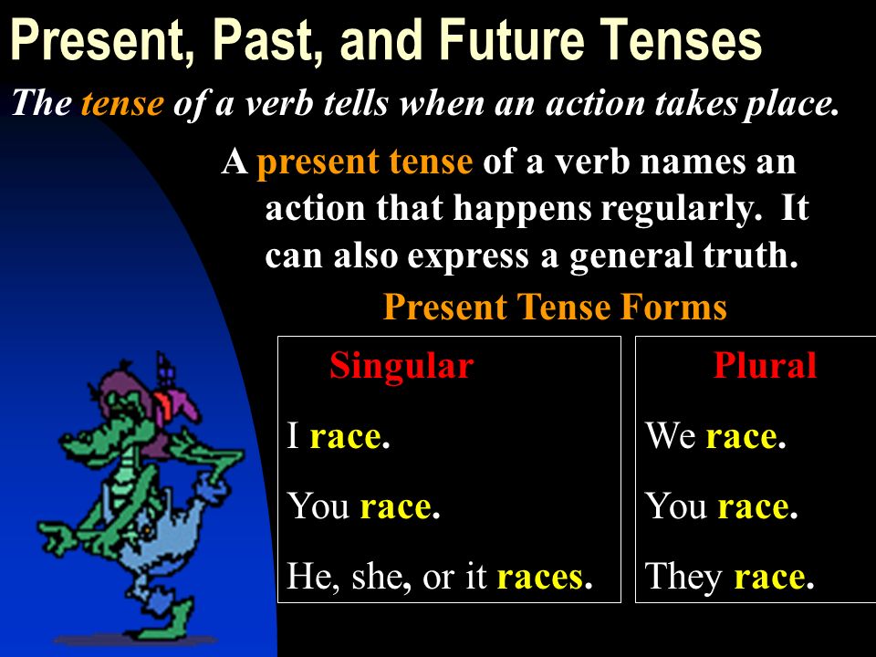 A present tense of a verb names an action that happens regularly.