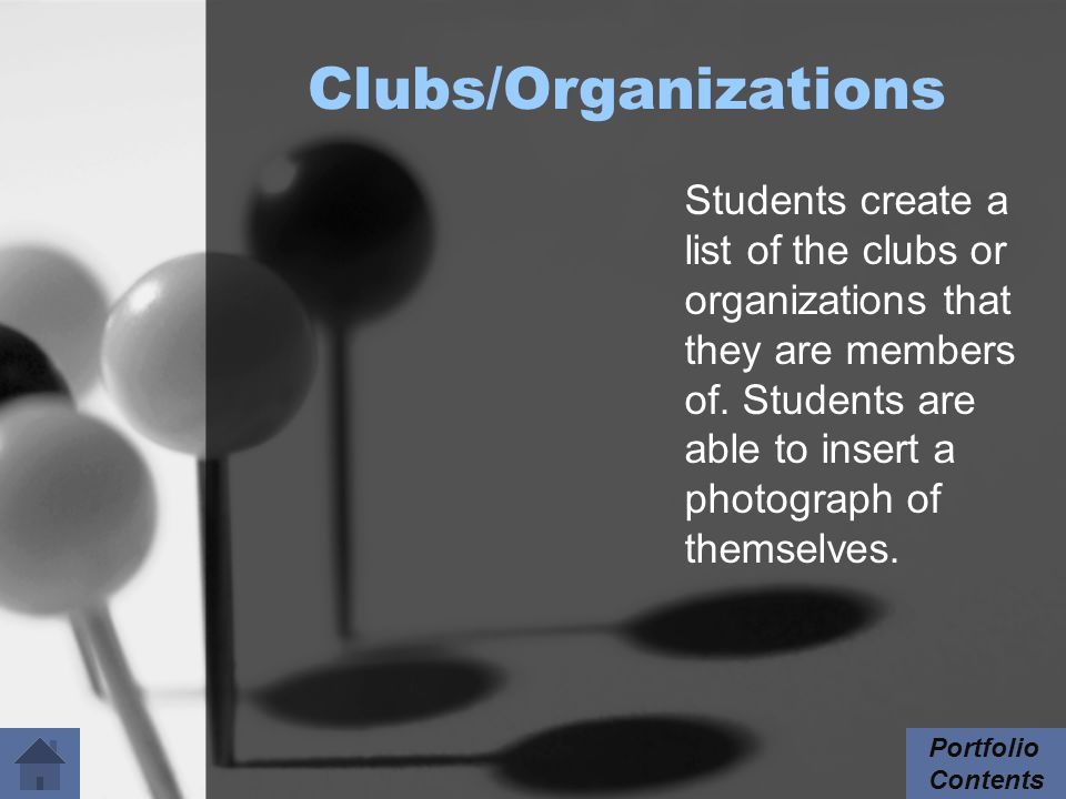 Clubs/Organizations Students create a list of the clubs or organizations that they are members of.