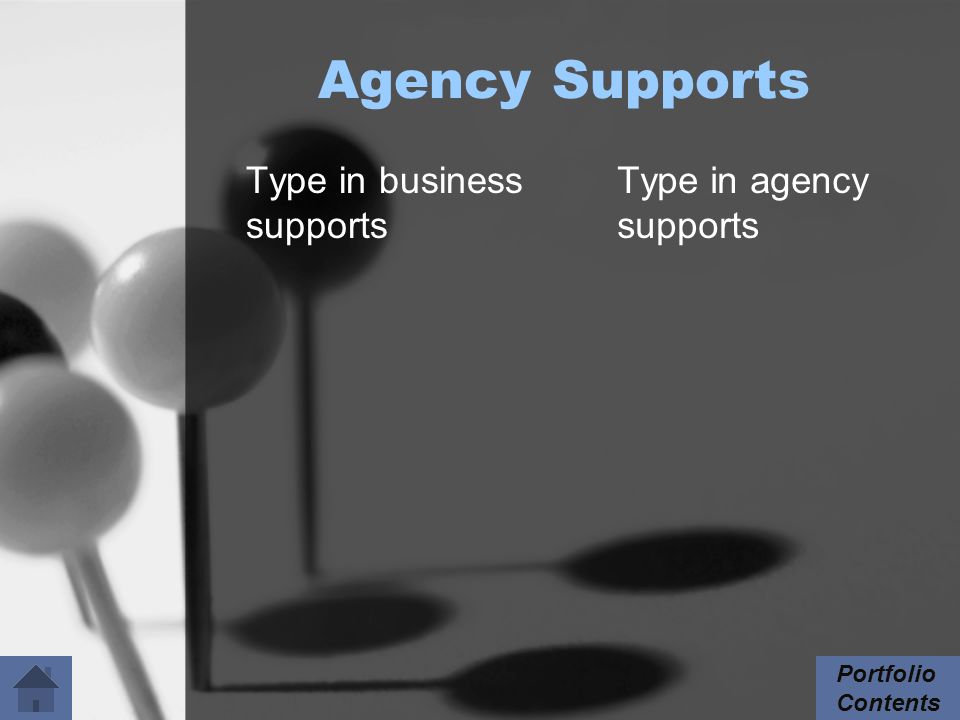 Agency Supports Type in business supports Type in agency supports Portfolio Contents