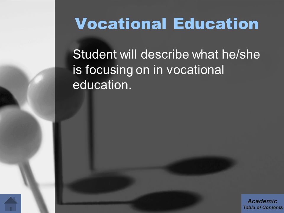 Vocational Education Student will describe what he/she is focusing on in vocational education.