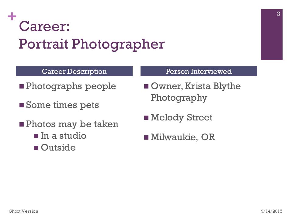+ Career: Portrait Photographer Photographs people Some times pets Photos may be taken In a studio Outside Owner, Krista Blythe Photography Melody Street Milwaukie, OR Career DescriptionPerson Interviewed 9/14/ Short Version