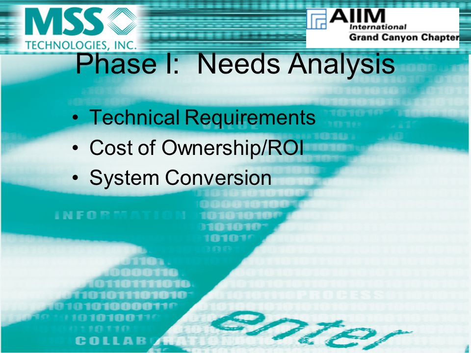 Phase I: Needs Analysis Technical Requirements Cost of Ownership/ROI System Conversion