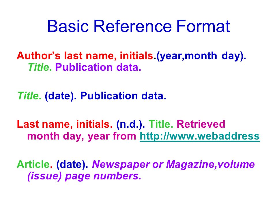 Basic Reference Format Author’s last name, initials.(year,month day).