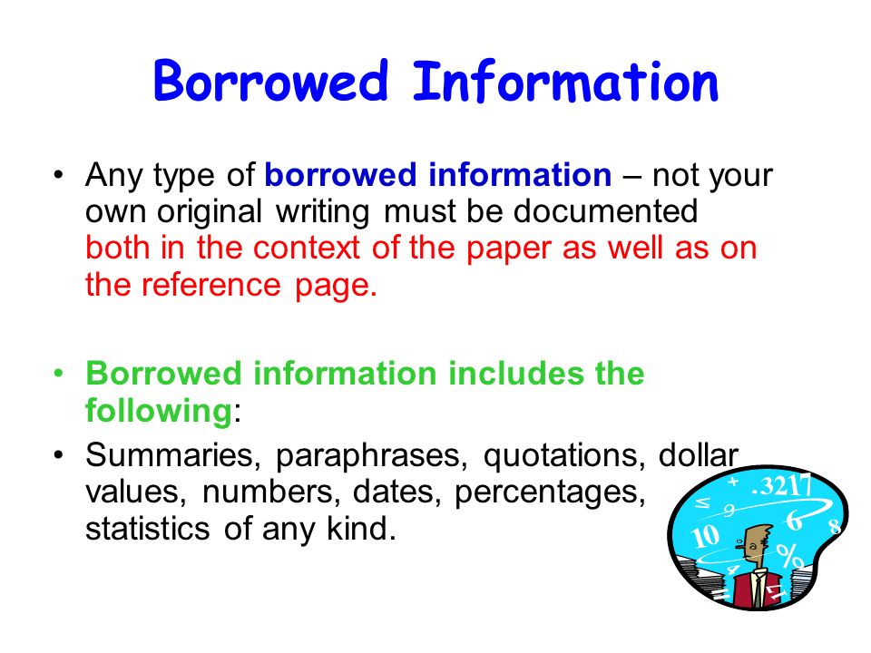 Borrowed Information Any type of borrowed information – not your own original writing must be documented both in the context of the paper as well as on the reference page.