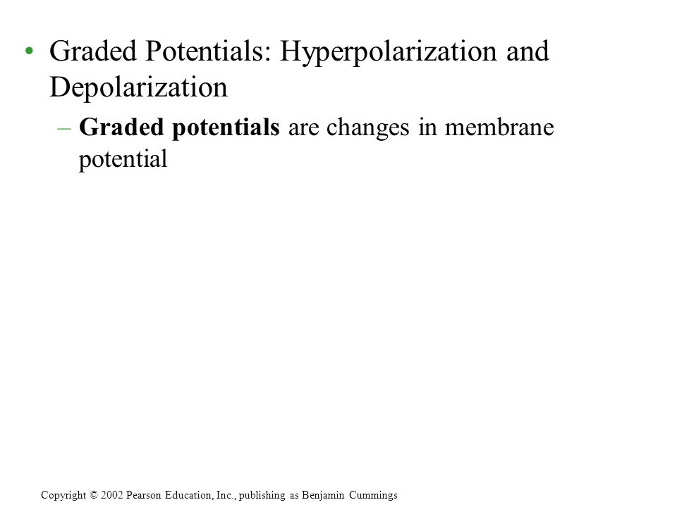 Graded Potentials: Hyperpolarization and Depolarization –Graded potentials are changes in membrane potential Copyright © 2002 Pearson Education, Inc., publishing as Benjamin Cummings