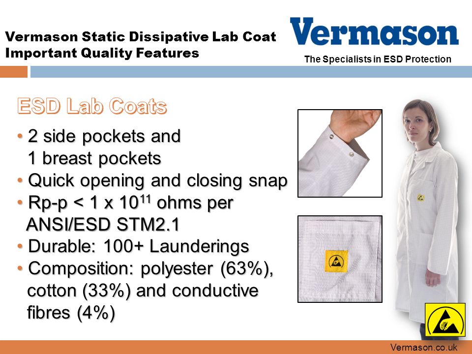 The Specialists in ESD Protection Important Quality Features Vermason.co.uk Vermason Static Dissipative Lab Coat