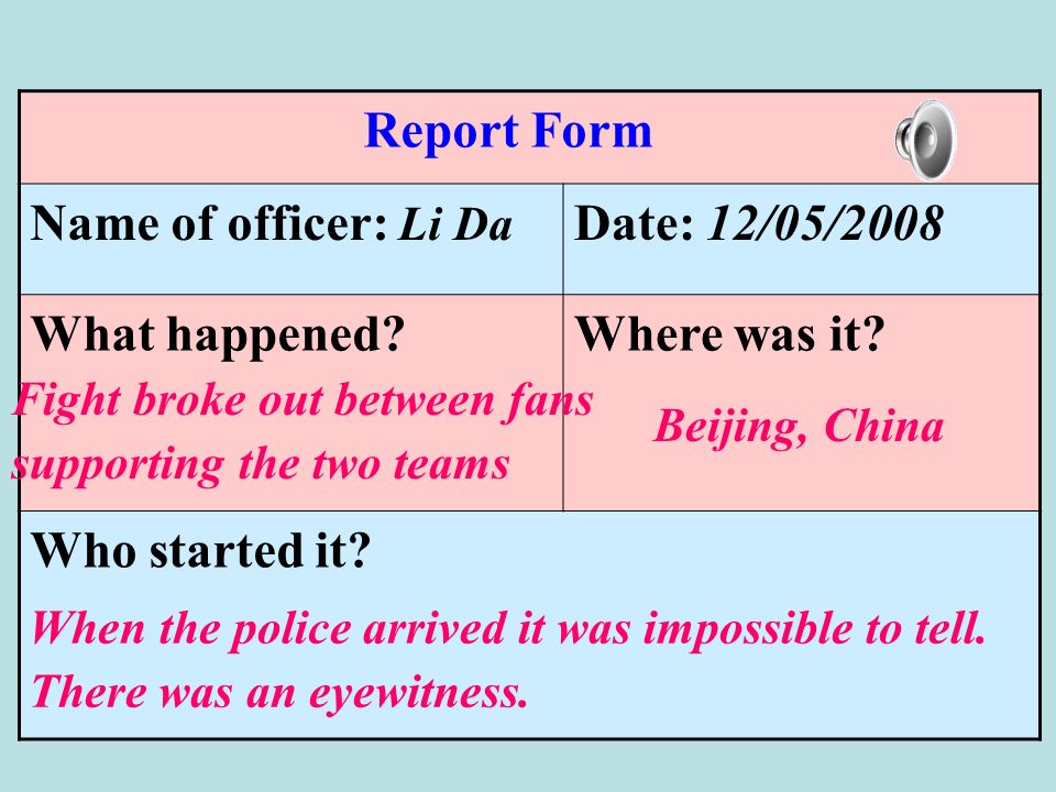 Report Form Name of officer: Li Da Date: 12/05/2008 What happened Where was it.