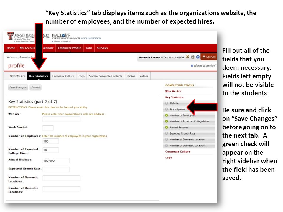Key Statistics tab displays items such as the organizations website, the number of employees, and the number of expected hires.