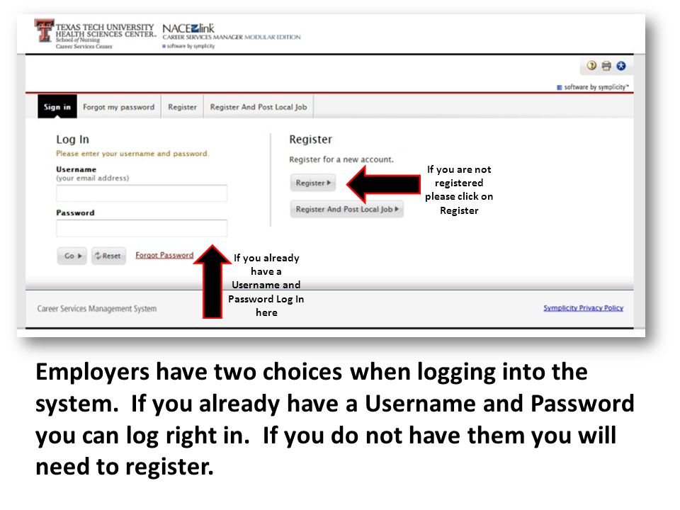 If you are not registered please click on Register If you already have a Username and Password Log In here Employers have two choices when logging into the system.