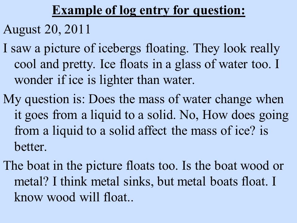 Example of log entry for question: August 20, 2011 I saw a picture of icebergs floating.