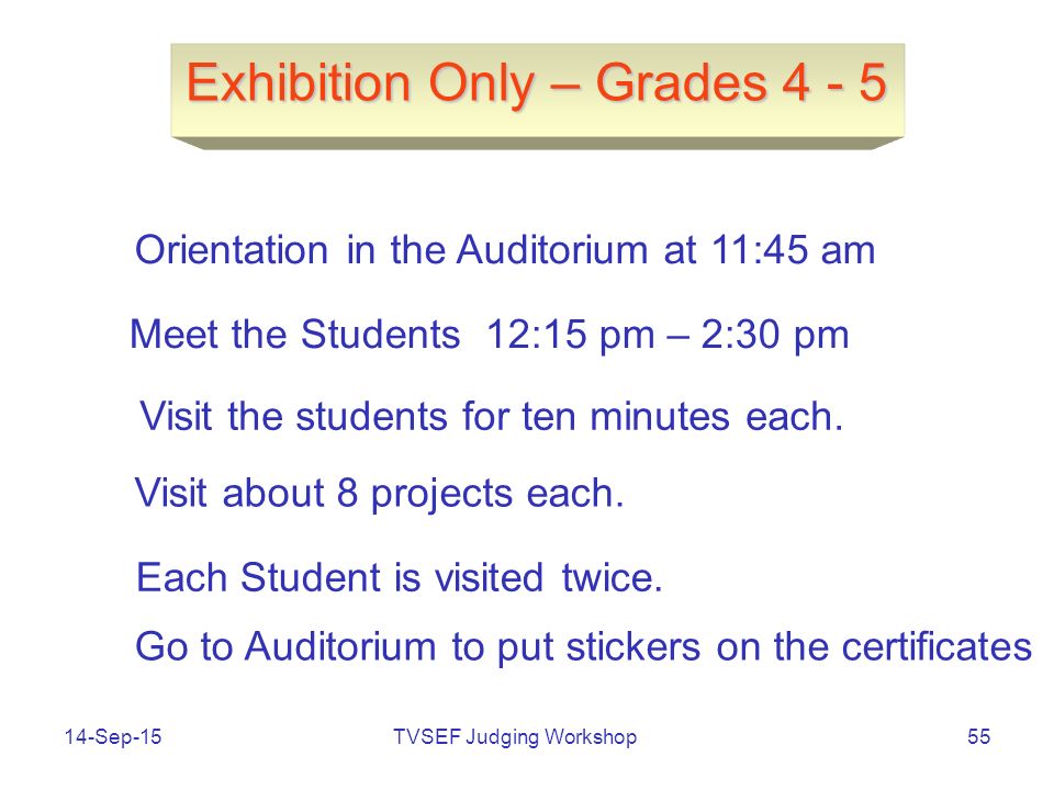 TVSEF Judging Workshop Exhibition Only – Grades Sep-1555 Visit the students for ten minutes each.