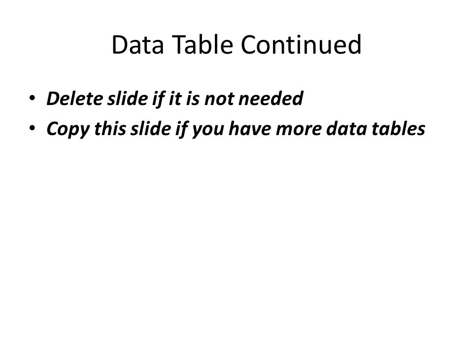 Data Table Continued Delete slide if it is not needed Copy this slide if you have more data tables