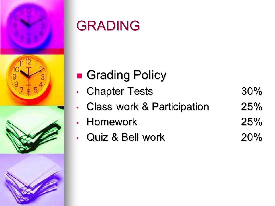 GRADING Grading Policy Grading Policy Chapter Tests30% Chapter Tests30% Class work & Participation25% Class work & Participation25% Homework25% Homework25% Quiz & Bell work20% Quiz & Bell work20%