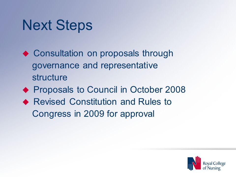Next Steps u Consultation on proposals through governance and representative structure u Proposals to Council in October 2008 u Revised Constitution and Rules to Congress in 2009 for approval