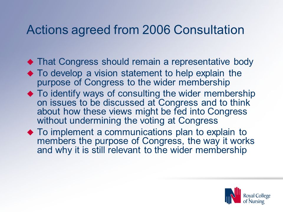 Actions agreed from 2006 Consultation u That Congress should remain a representative body u To develop a vision statement to help explain the purpose of Congress to the wider membership u To identify ways of consulting the wider membership on issues to be discussed at Congress and to think about how these views might be fed into Congress without undermining the voting at Congress u To implement a communications plan to explain to members the purpose of Congress, the way it works and why it is still relevant to the wider membership