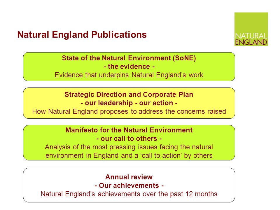 Natural England Publications Manifesto for the Natural Environment - our call to others - Analysis of the most pressing issues facing the natural environment in England and a ‘call to action’ by others Strategic Direction and Corporate Plan - our leadership - our action - How Natural England proposes to address the concerns raised State of the Natural Environment (SoNE) - the evidence - Evidence that underpins Natural England’s work Annual review - Our achievements - Natural England’s achievements over the past 12 months