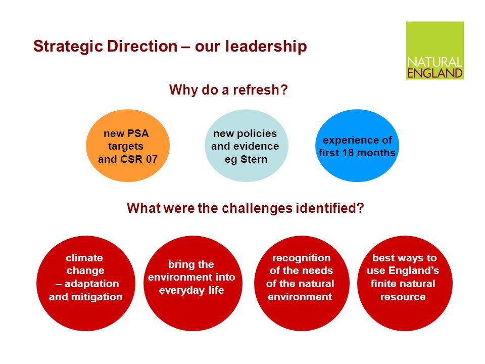 Strategic Direction – our leadership new policies and evidence eg Stern experience of first 18 months new PSA targets and CSR 07 climate change – adaptation and mitigation bring the environment into everyday life recognition of the needs of the natural environment best ways to use England’s finite natural resource Why do a refresh.