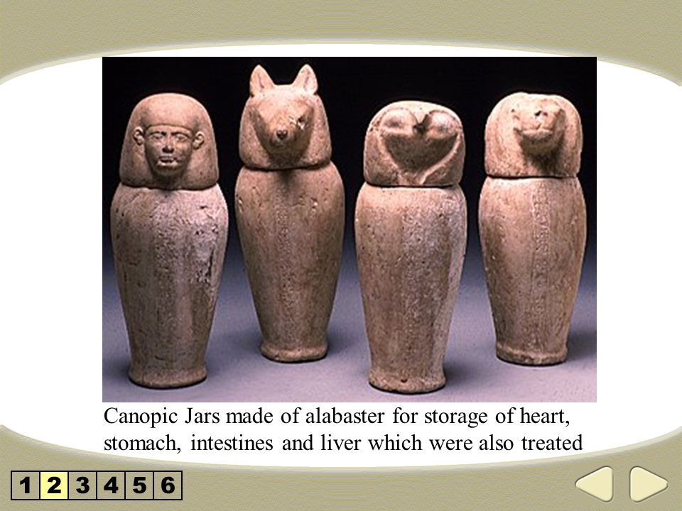 Canopic Jars made of alabaster for storage of heart, stomach, intestines and liver which were also treated