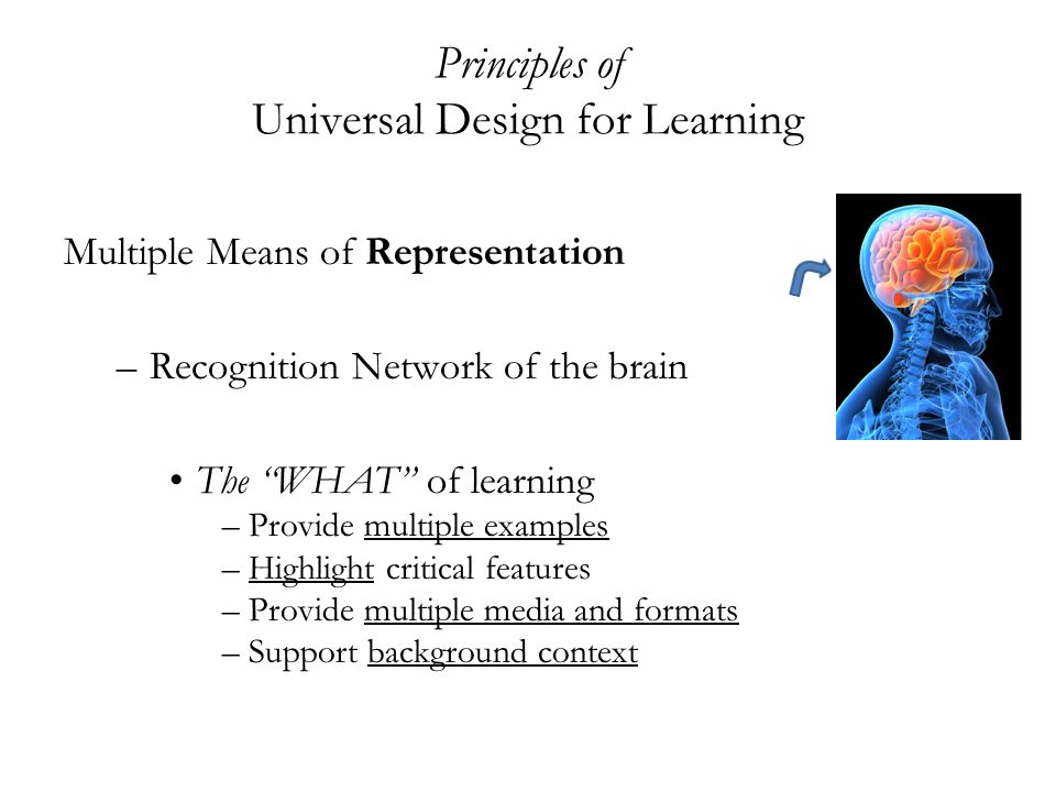 Principles of Universal Design for Learning Multiple Means of Representation –Recognition Network of the brain The WHAT of learning –Provide multiple examples –Highlight critical features –Provide multiple media and formats –Support background context