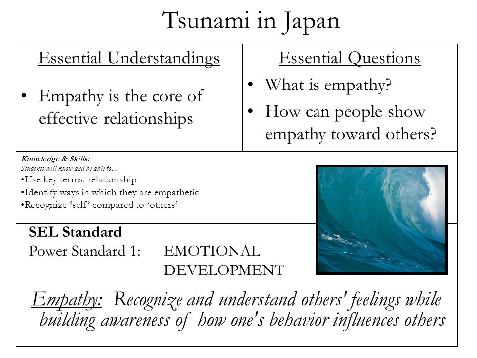 Tsunami in Japan Essential Understandings Empathy is the core of effective relationships Essential Questions What is empathy.