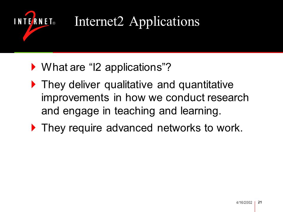 4/16/ Internet2 Applications  What are I2 applications .