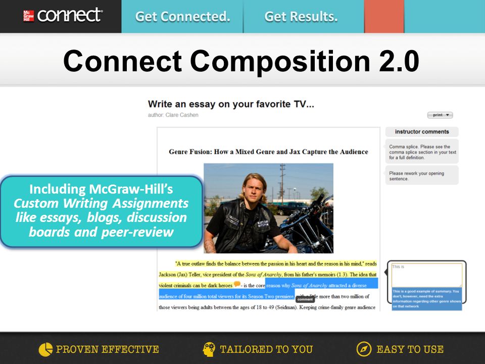 Connect Composition 2.0 Including McGraw-Hill’s Custom Writing Assignments like essays, blogs, discussion boards and peer-review Including McGraw-Hill’s Custom Writing Assignments like essays, blogs, discussion boards and peer-review