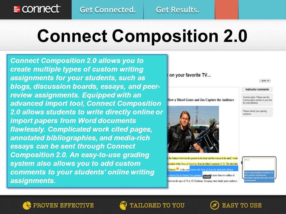 Connect Composition 2.0 Connect Composition 2.0 allows you to create multiple types of custom writing assignments for your students, such as blogs, discussion boards, essays, and peer- review assignments.